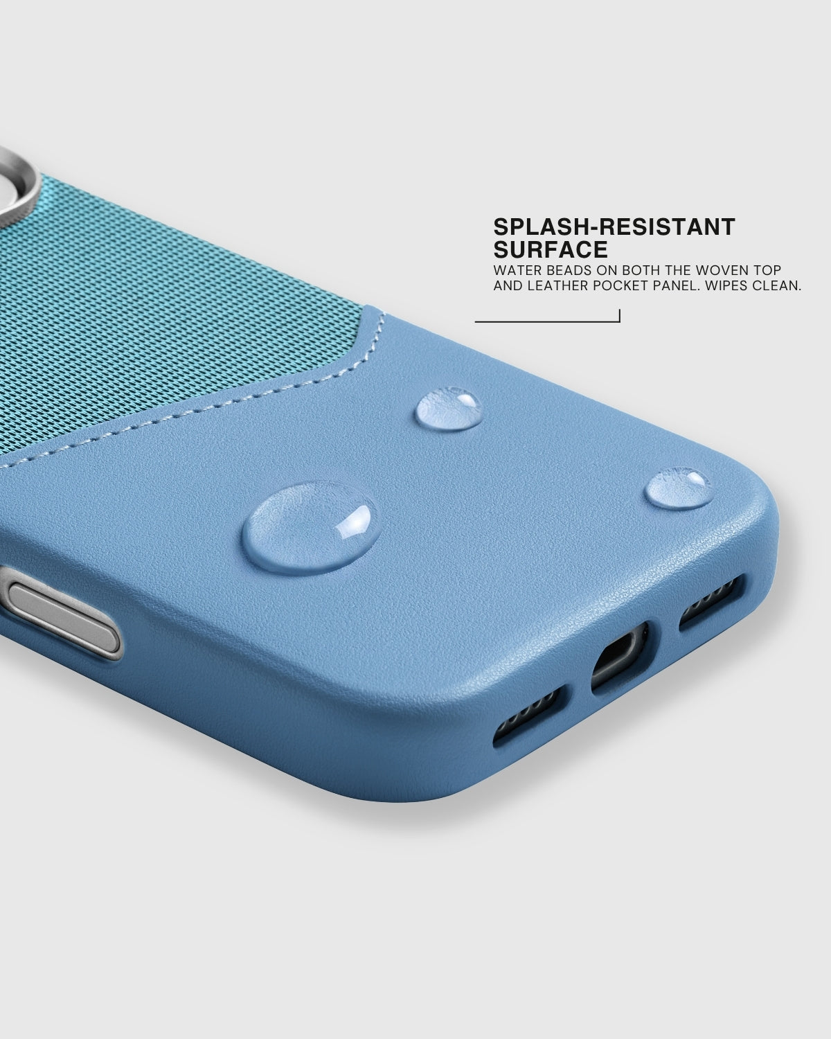 Splash-resistant surface of the Sky Blue wallet phone case wiping clean after small spills