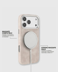 Cream STICKYZOO Heritage Leather Case aligned with a MagSafe charger