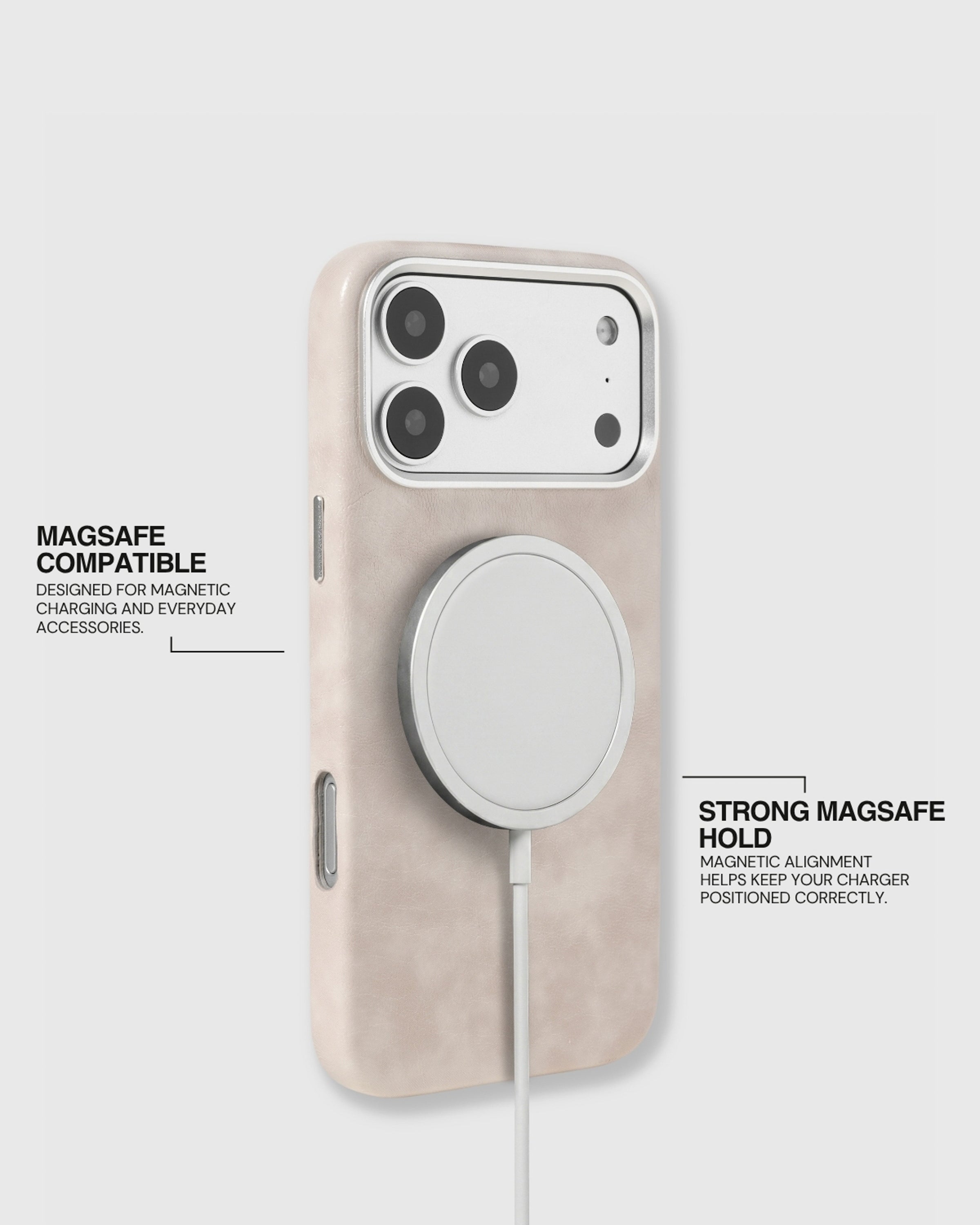 Cream STICKYZOO Heritage Leather Case aligned with a MagSafe charger