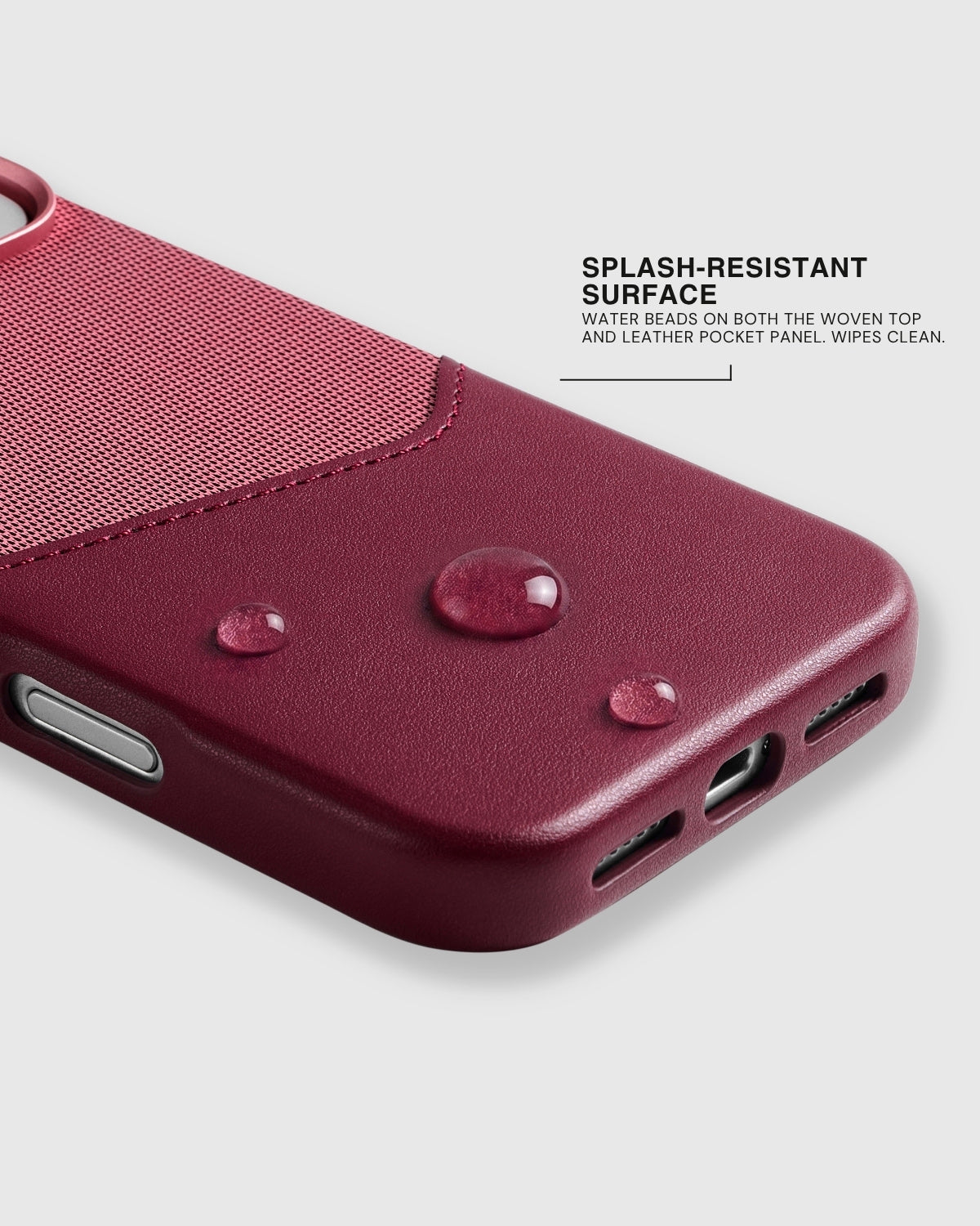 Splash-resistant surface of the Red wallet phone case wiping clean after small spills