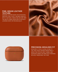 Fine-grain leather texture beside the Cognac AirPods case and a precision-fit feature panel
