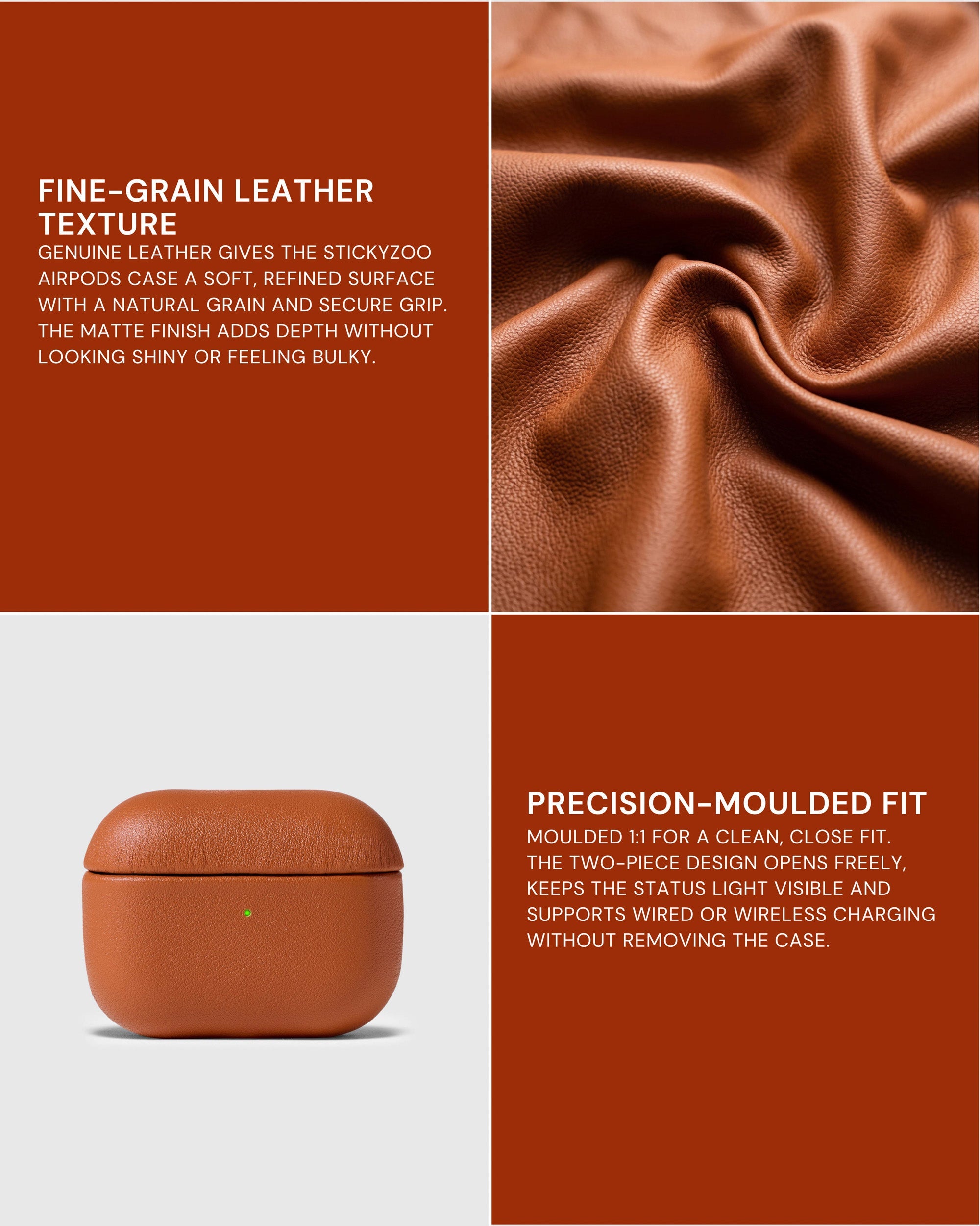 Fine-grain leather texture beside the Cognac AirPods case and a precision-fit feature panel