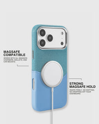 STICKYZOO Sky Blue wallet iPhone case aligned with a MagSafe charger