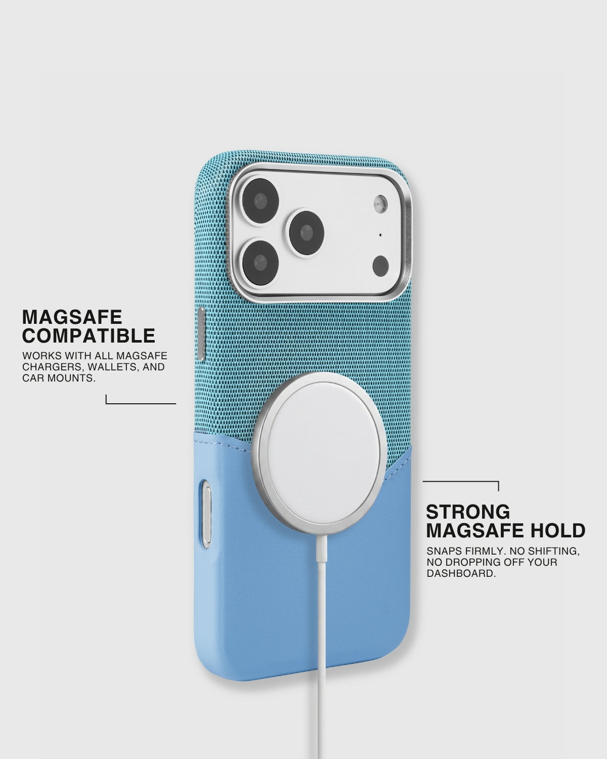 STICKYZOO Sky Blue wallet iPhone case aligned with a MagSafe charger