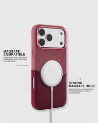 STICKYZOO Red wallet iPhone case aligned with a MagSafe charger
