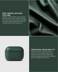 Fine-grain leather texture beside the Green AirPods case and a precision-fit feature panel