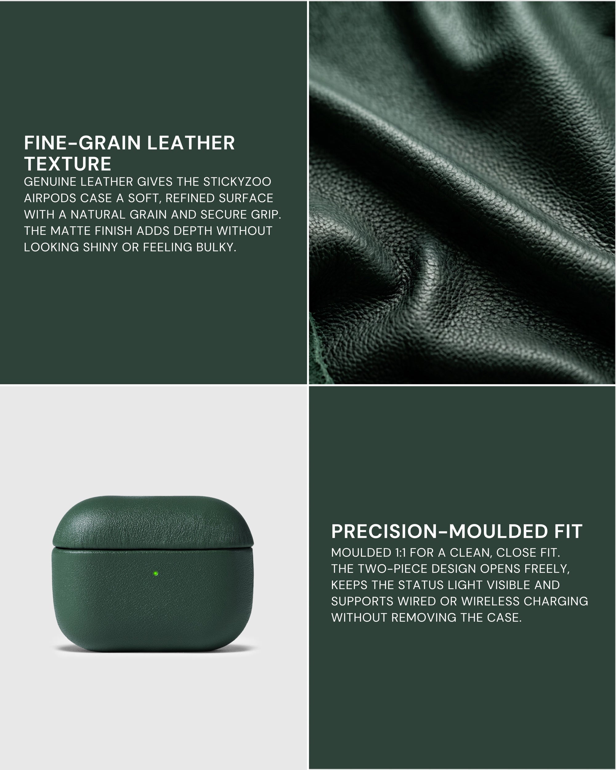 Fine-grain leather texture beside the Green AirPods case and a precision-fit feature panel