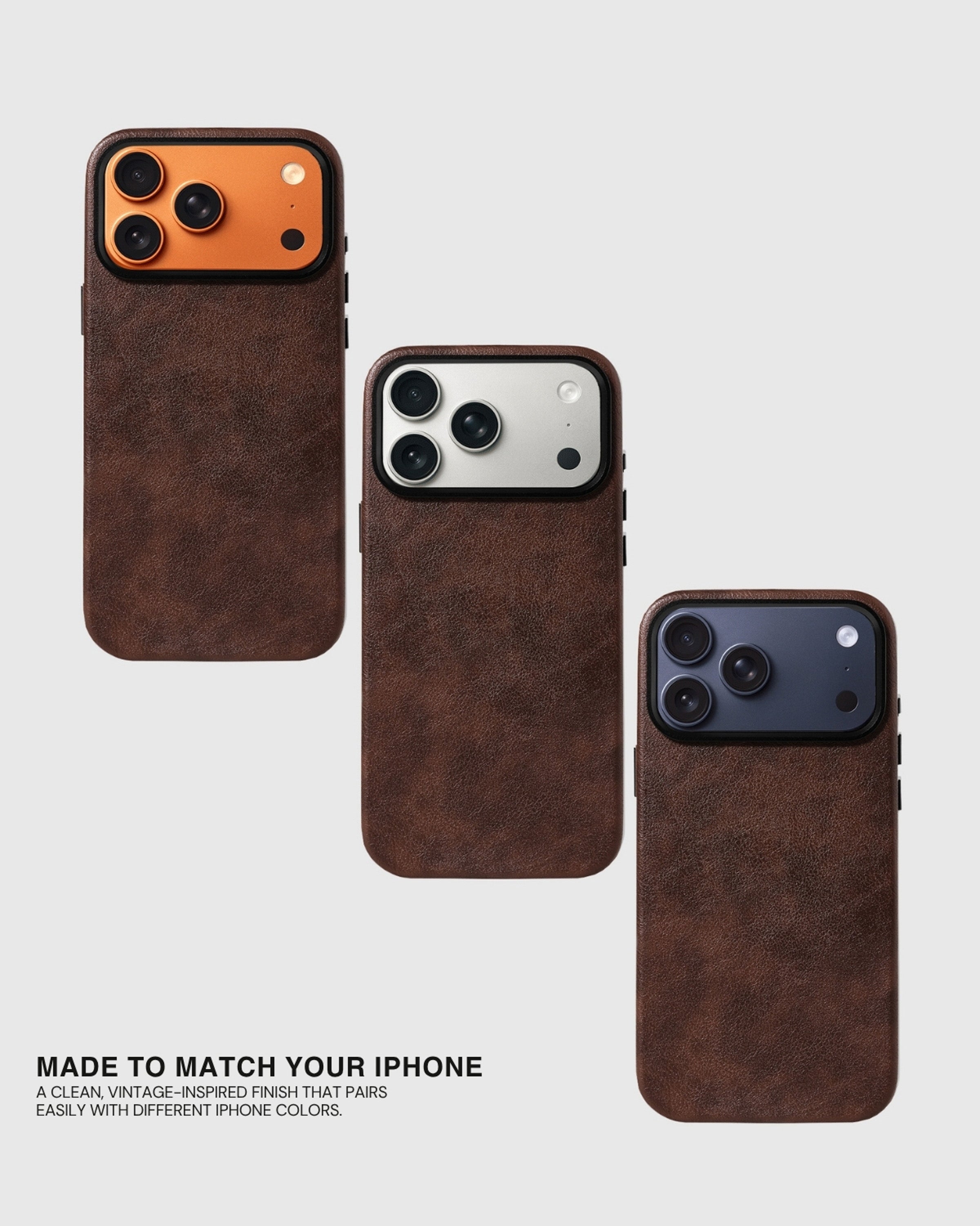 Brown Heritage Leather Case shown beside iPhone color finishes for a coordinated look