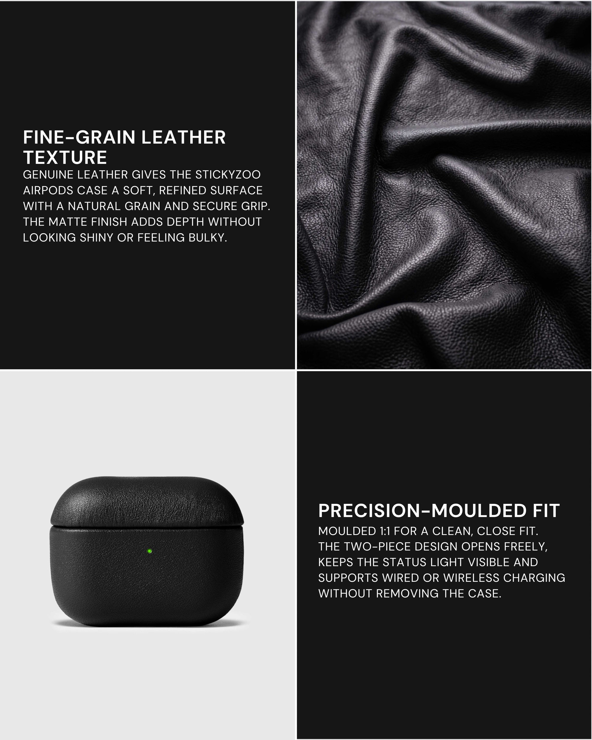 Fine-grain leather texture beside the Black AirPods case and a precision-fit feature panel