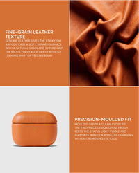 Fine-grain leather texture beside the Orange AirPods case and a precision-fit feature panel