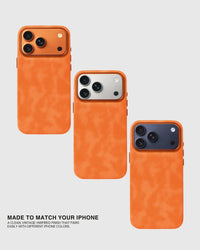 Orange Heritage Leather Case shown beside iPhone color finishes for a coordinated look