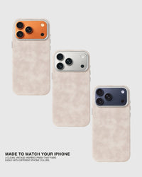 Cream Heritage Leather Case shown beside iPhone color finishes for a coordinated look