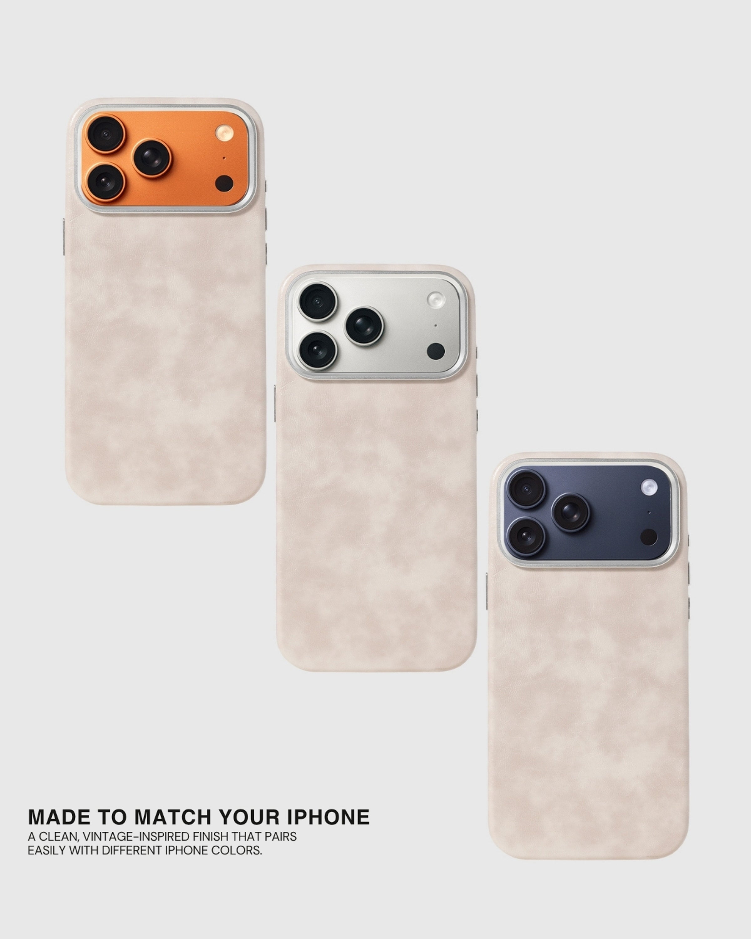 Cream Heritage Leather Case shown beside iPhone color finishes for a coordinated look