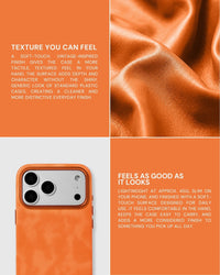 Soft-touch orange textured vegan leather case shown in an approximately 45g feature collage