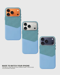 Sky Blue wallet phone case shown beside iPhone Pro and Pro Max color finishes for a coordinated look