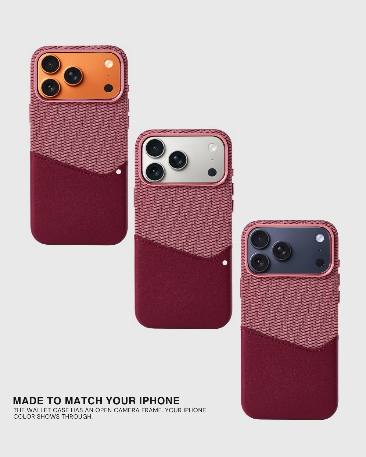 Red wallet phone case shown beside iPhone Pro and Pro Max color finishes for a coordinated look