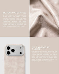 Soft-touch cream textured vegan leather case shown in an approximately 45g feature collage